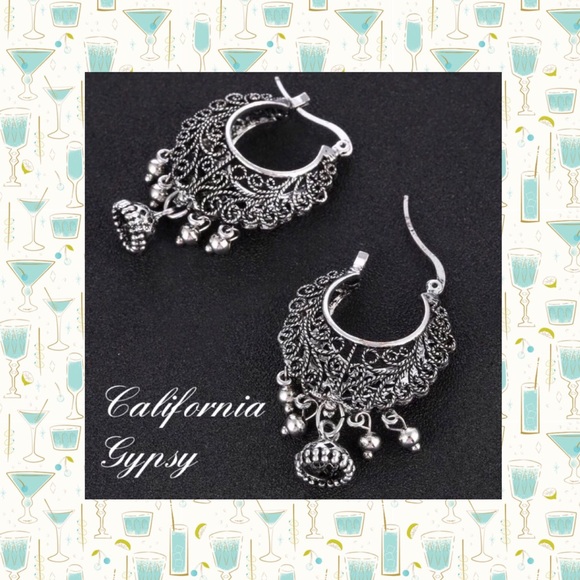 Gypsy boho etched scroll bell earrings - Picture 2 of 6